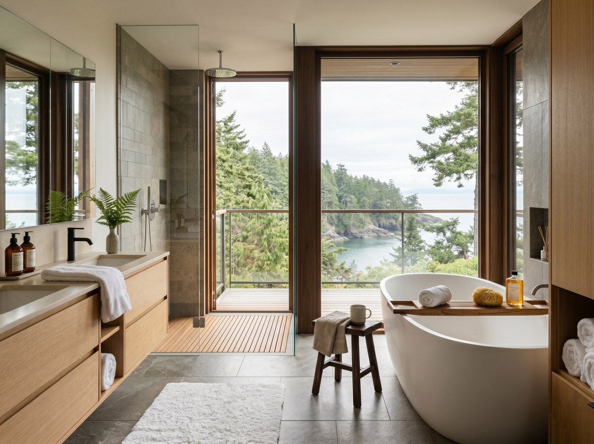 SafeBuild bathroom renovation — spa-grade ensuite with curbless walk-in tile shower, freestanding soaker tub, in-floor heat, brass fixtures, full-height glazing onto Pacific cove view